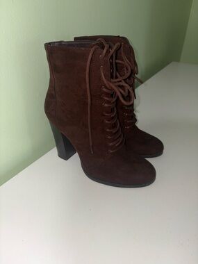 JustFab Dark Brown Suede Lace-Up Ankle Boots